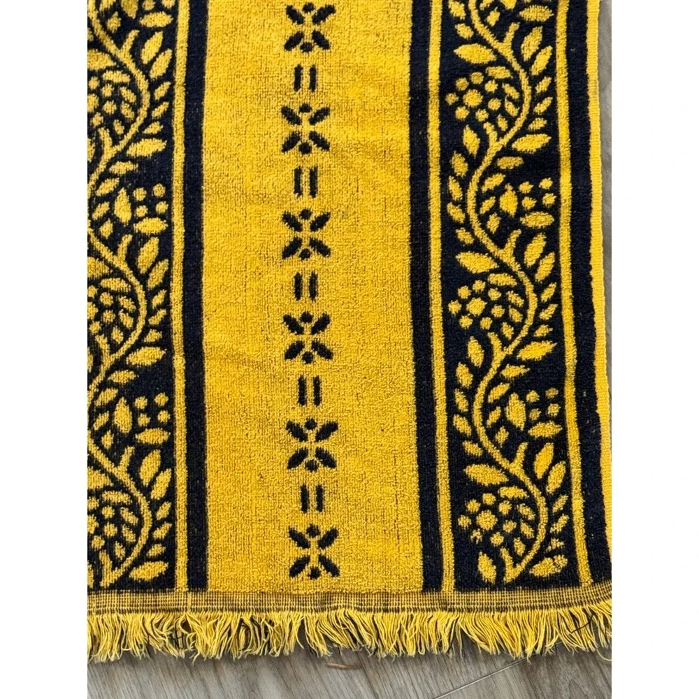 Vintage Martex Bath Towel Yellow Navy Blue Floral Reversible Fringe 100% Cotton